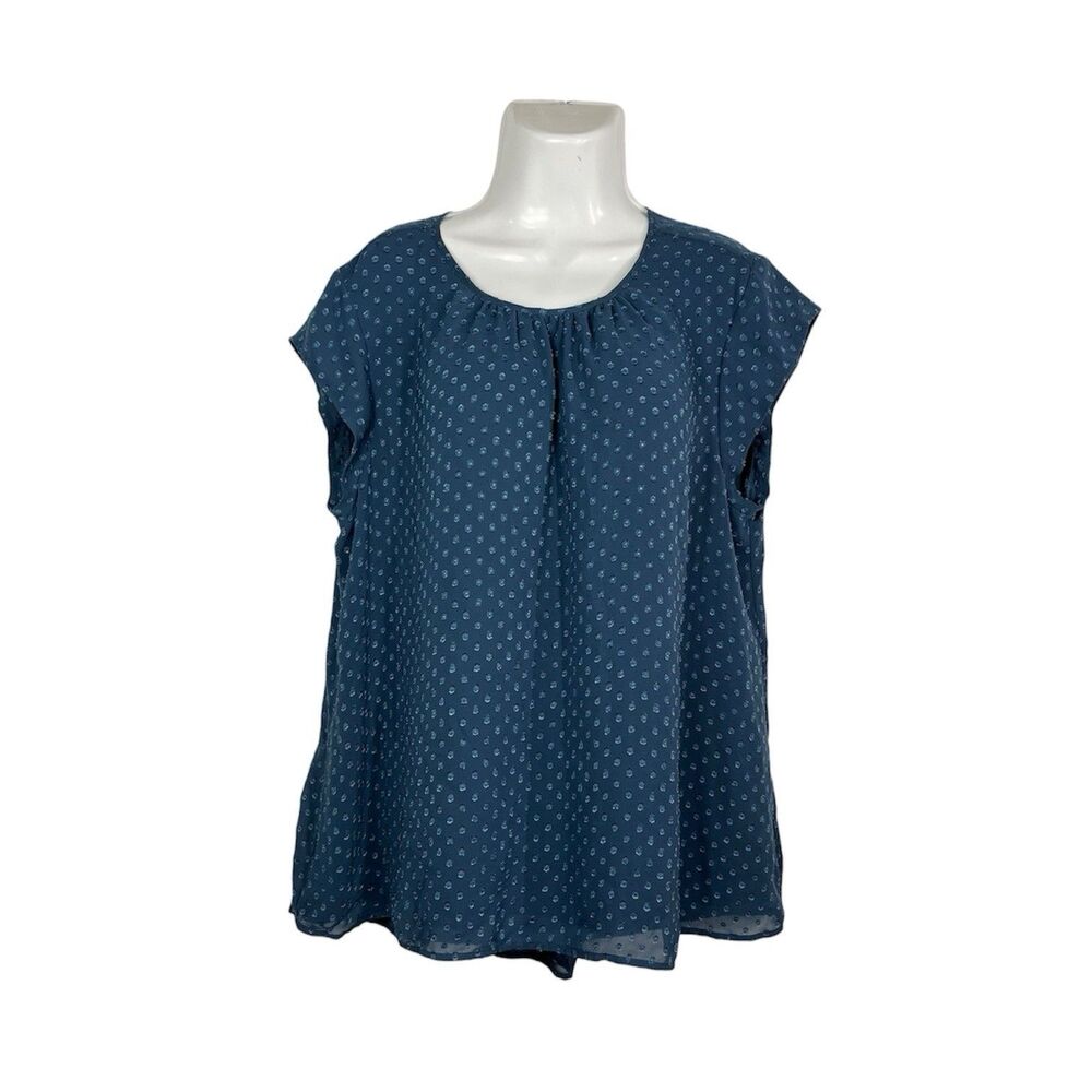DR2 XL Teal Blue Swiss Dot Sheer Top Cap Sleeve Scoop Neck Lined Blouse Boho
